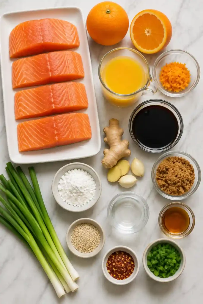 4. Homemade teriyaki salmon coated in a glossy orange ginger sauce and served with rice. Sesame seeds and green onions add a colorful finish to the sweet and savory salmon.