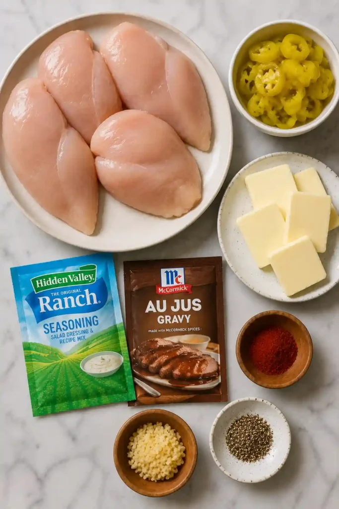 Baked Mississippi chicken breast covered with sliced pepperoncini and savory buttery juices. Ranch seasoning gives the easy oven-baked chicken plenty of flavor.