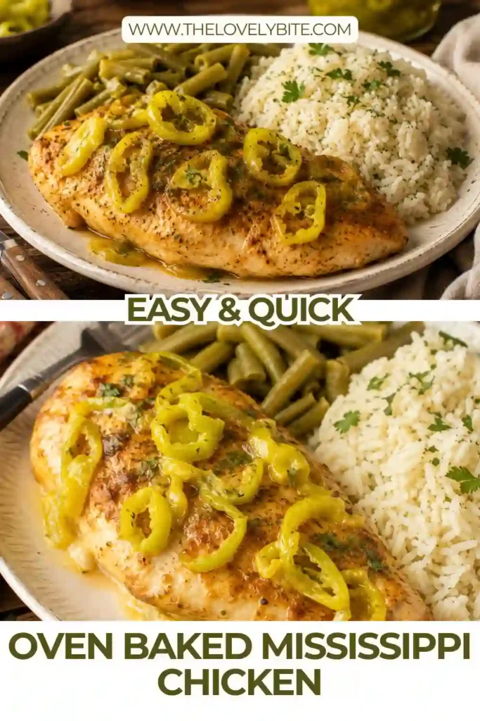 Juicy Mississippi chicken baked with ranch seasoning, pepperoncini peppers and melted butter. Golden chicken breasts sit in a rich savory pan sauce.