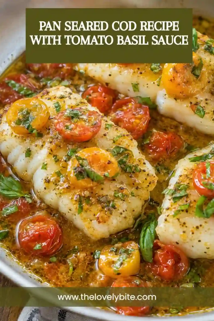 Pan-seared cod topped with a colorful tomato basil sauce made from cherry tomatoes, garlic, fresh basil, and lemon. The cod has a golden exterior and tender flaky center.
