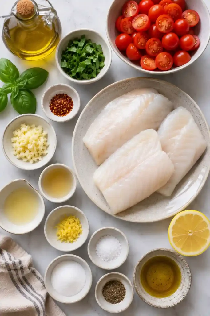 Cod with cherry tomatoes and basil served in a bright garlic lemon sauce. The pan-seared cod fillets are golden on the outside and moist and flaky inside.