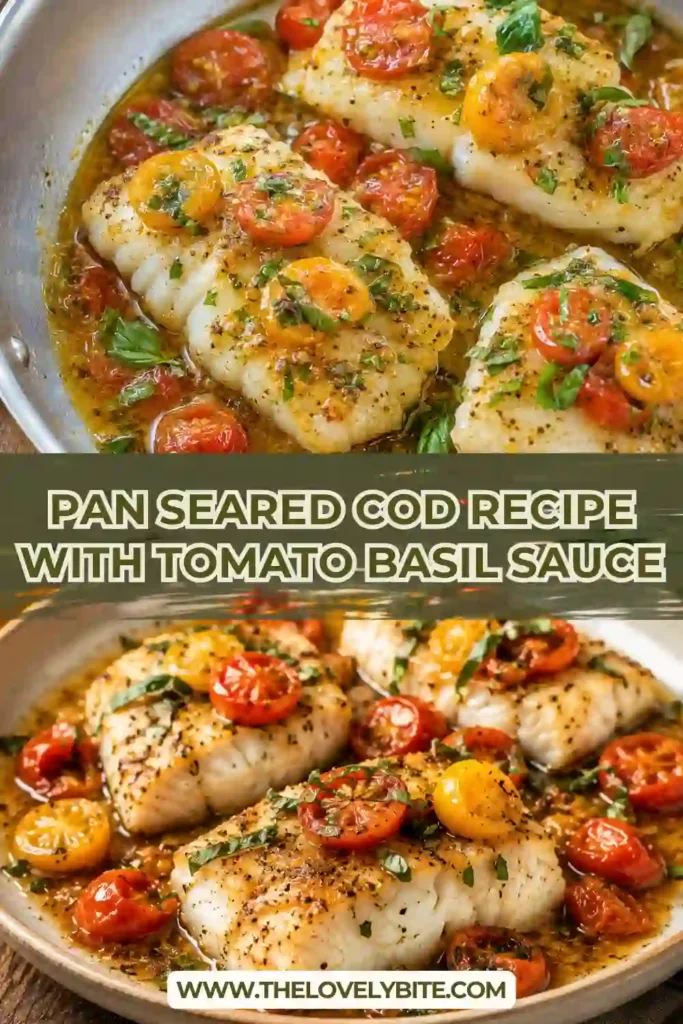 Pan-Seared Cod Recipe featuring golden cod fillets topped with cherry tomato basil sauce, fresh garlic, and lemon. The flaky white fish is served with juicy blistered tomatoes and fresh basil.