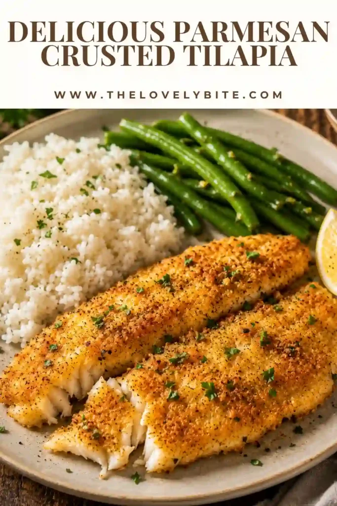 Parmesan Crusted Tilapia fillets baked until flaky with a golden Parmesan and paprika coating, arranged on a baking sheet. The easy baked fish is garnished with fresh parsley and ready to serve.