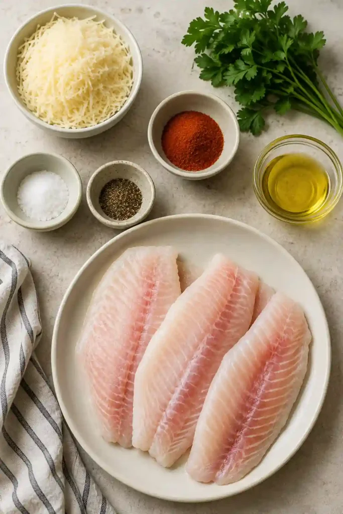 Easy Parmesan Crusted Tilapia arranged on a baking sheet after oven baking, showing tender white fish beneath a golden seasoned Parmesan crust. The simple fish dinner is finished with fresh parsley.