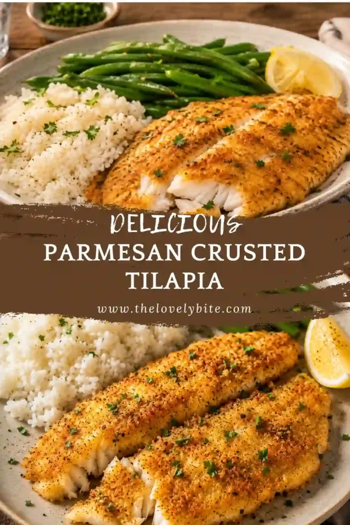 Parmesan crusted fish fillets baked in the oven until golden and flaky. The tilapia is coated with grated Parmesan, paprika, parsley, black pepper, and olive oil.
