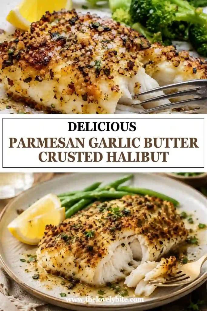 Freshly baked Parmesan Garlic Butter Crusted Halibut served with lemon wedges and herbs. The flaky halibut features a crispy golden Parmesan Panko crust that's perfect for an easy seafood dinner.