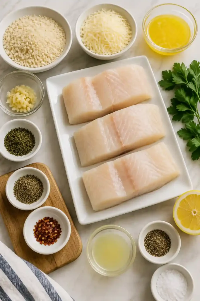 Golden baked Parmesan crusted halibut garnished with parsley and lemon wedges. The crispy topping and flaky fish make this an ideal family seafood dinner.