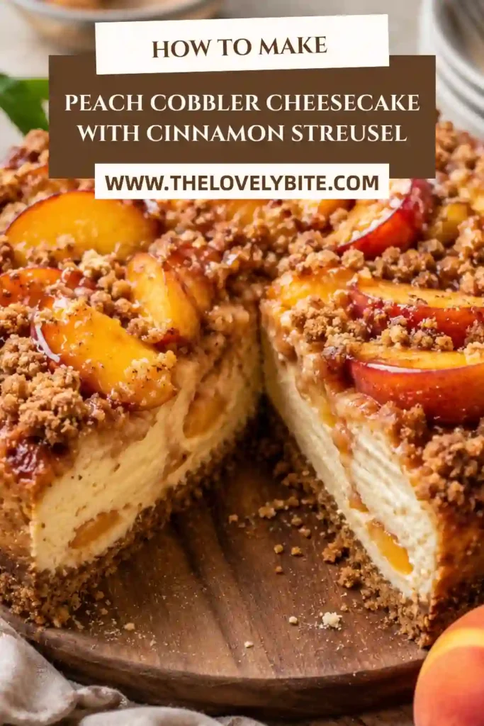 Homemade peach cheesecake topped with juicy roasted peaches and crunchy cinnamon streusel. The thick cream cheese filling is layered over a golden graham cracker crust.
