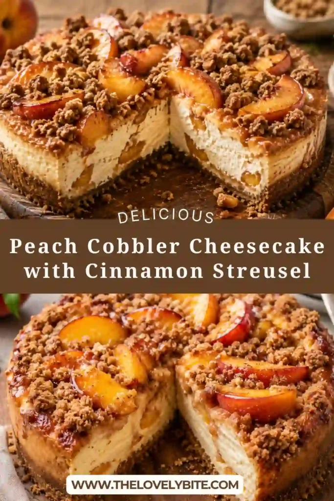 A slice of Peach Cobbler Cheesecake with creamy filling, roasted peaches, cinnamon streusel, and a buttery graham cracker crust. Fresh peach topping and caramelized juices finish the dessert.