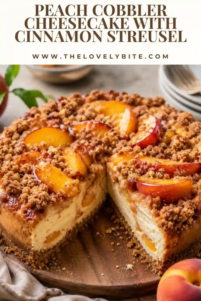 Peach Cobbler Cheesecake topped with cinnamon-roasted peach slices and buttery brown sugar streusel. The creamy cheesecake sits over a golden graham cracker crust.