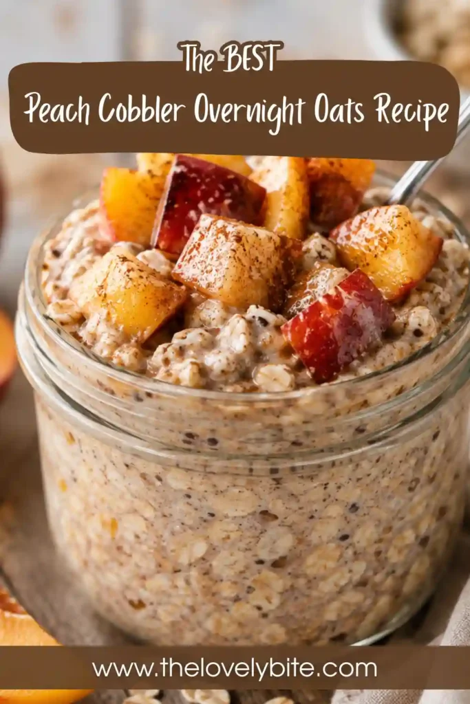 Healthy Peach Cobbler Overnight Oats served in a mason jar with juicy peaches and a sprinkle of chopped pecans. An easy overnight oats recipe that's dairy-free and packed with fiber.