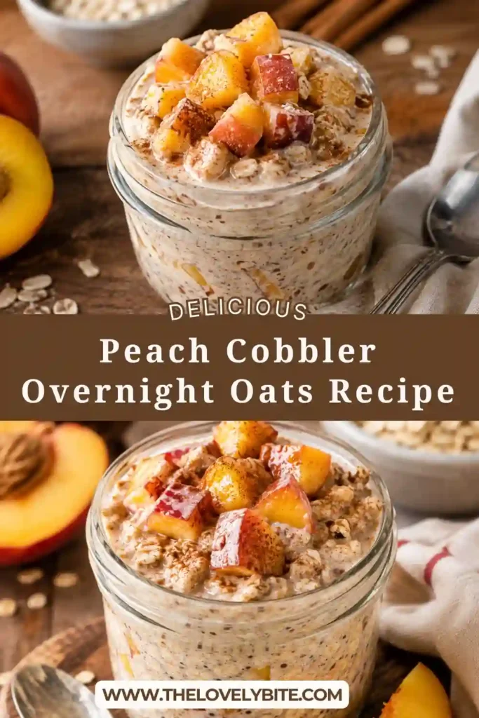 Peach overnight oats made with rolled oats, maple syrup, flaxseed, and fresh peaches in a mason jar. A delicious vegan overnight oats breakfast for any season.