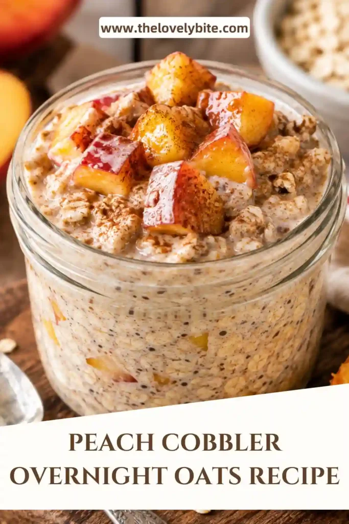 Close-up of Peach Cobbler Overnight Oats garnished with diced peaches and toasted pecans. A high fiber breakfast that's creamy, flavorful, and easy to prepare ahead.