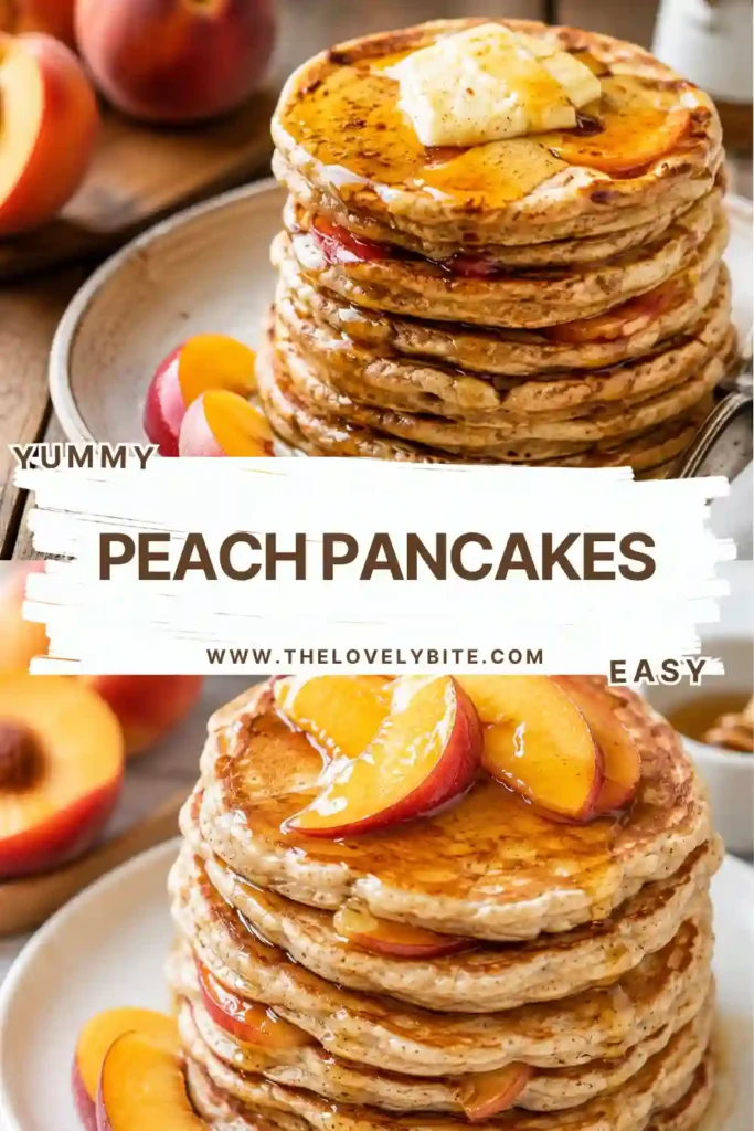 A plate of homemade Peach Pancakes featuring juicy peaches, maple syrup, and whipped cream. Perfect for an easy family breakfast or weekend brunch.