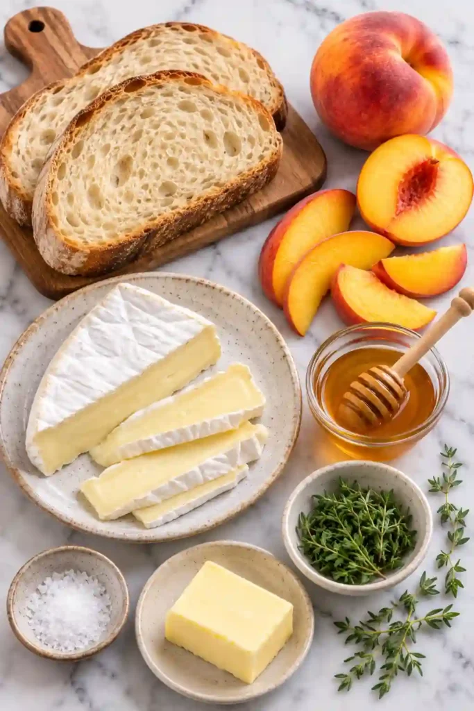 Gourmet grilled cheese featuring golden sourdough filled with melted Brie, caramelized peaches, fresh thyme, and honey. The crisp bread surrounds a warm, creamy, sweet and savory center.