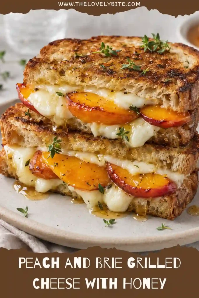 Peach grilled cheese sandwich filled with juicy caramelized peaches and creamy melted Brie between crisp sourdough slices. Fresh thyme and honey complement the golden toasted bread.