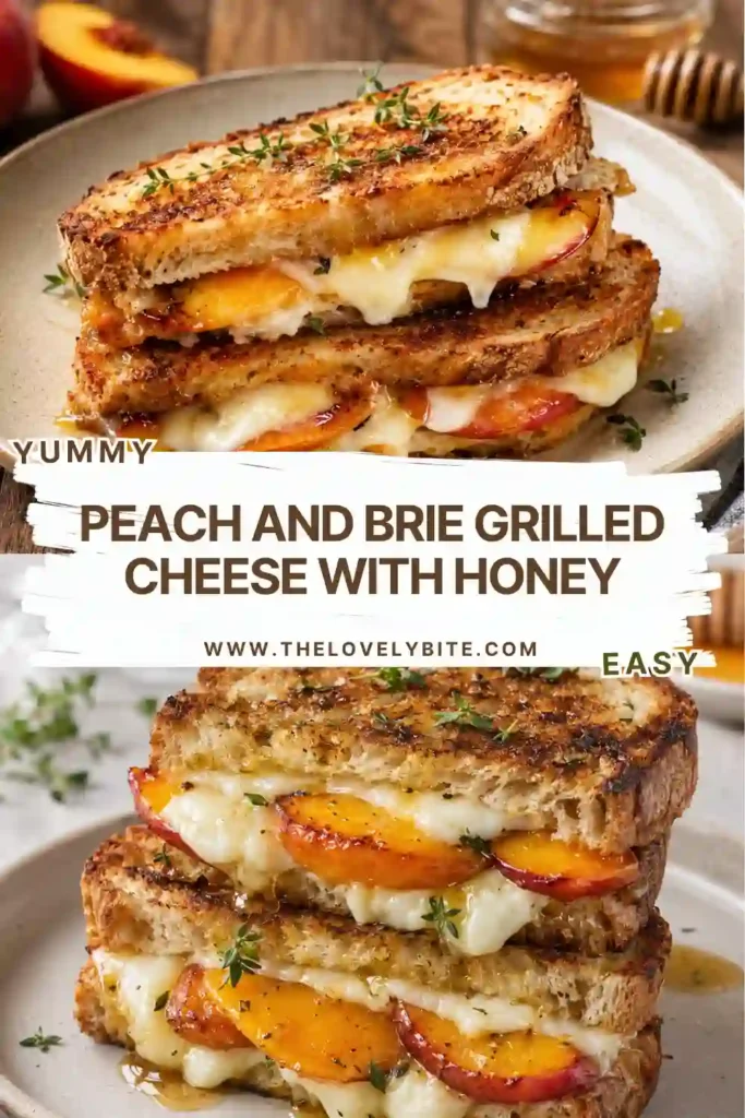 Peach and Brie Grilled Cheese with Honey made with golden sourdough, caramelized peach slices, melted Brie, and fresh thyme. Honey adds a glossy finish to the warm sweet and savory sandwich.