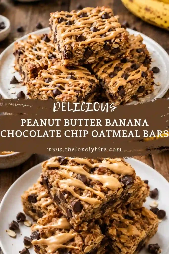3. Peanut butter oatmeal bars made with mashed banana and topped with chocolate chips. The golden baked bars are sliced into squares for an easy breakfast or snack.