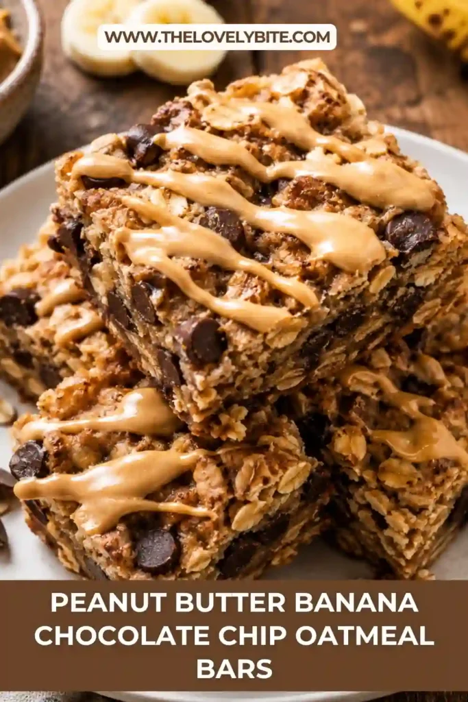 1. Peanut Butter Banana Chocolate Chip Oatmeal Bars stacked on a plate with visible oats and chocolate chips. The soft baked bars are made with ripe bananas and creamy peanut butter.