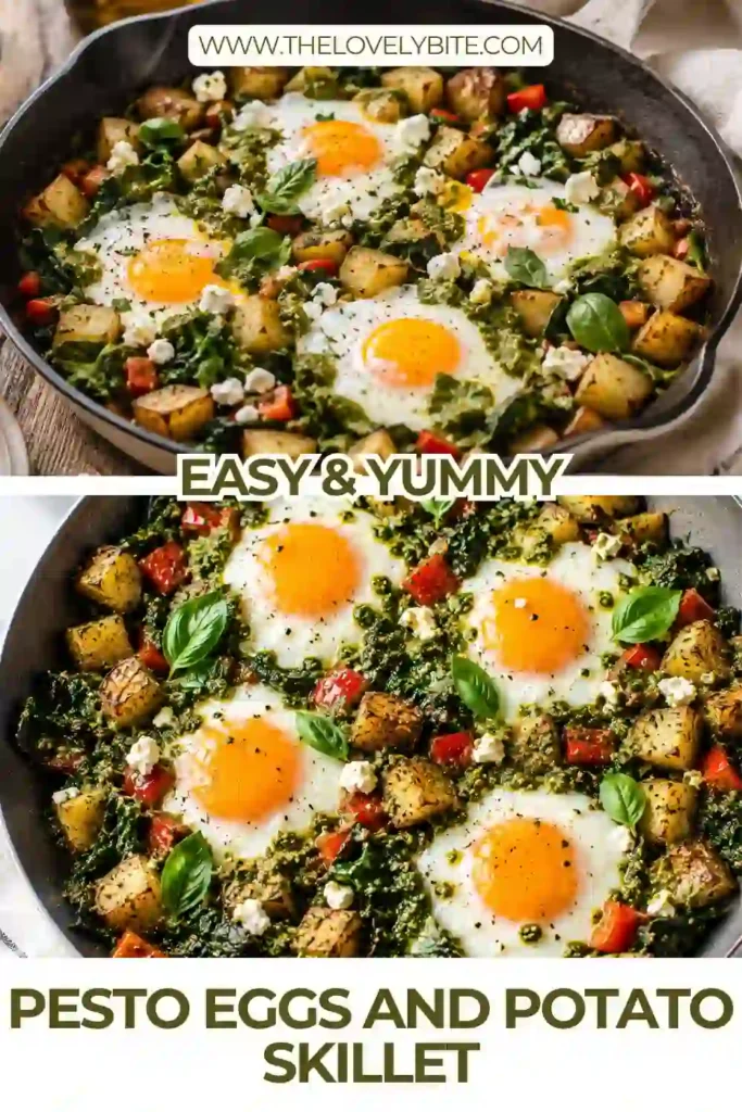 A cast iron skillet filled with crispy yellow potatoes, basil pesto, kale, and perfectly cooked eggs. This Pesto Eggs and Potato Skillet makes a healthy one-pan breakfast with vibrant colors and fresh ingredients.