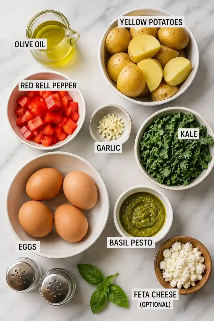 One-pan breakfast featuring crispy potatoes, red bell peppers, kale, pesto, and eggs cooked until perfectly set. A wholesome vegetarian breakfast skillet ready in under 40 minutes.