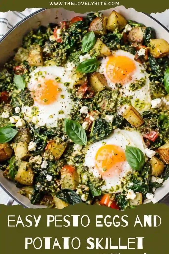 Golden potatoes, wilted kale, creamy pesto, and sunny eggs cooked together in a breakfast skillet. This hearty brunch recipe is simple, nutritious, and full of flavor.