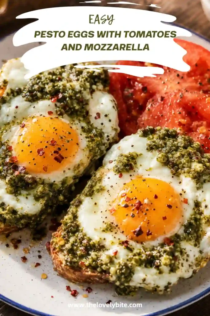 Basil Pesto Eggs with runny yolks, fresh mozzarella, ripe tomato slices, and toasted bread. Bright green pesto surrounds the eggs for a colorful Mediterranean breakfast.