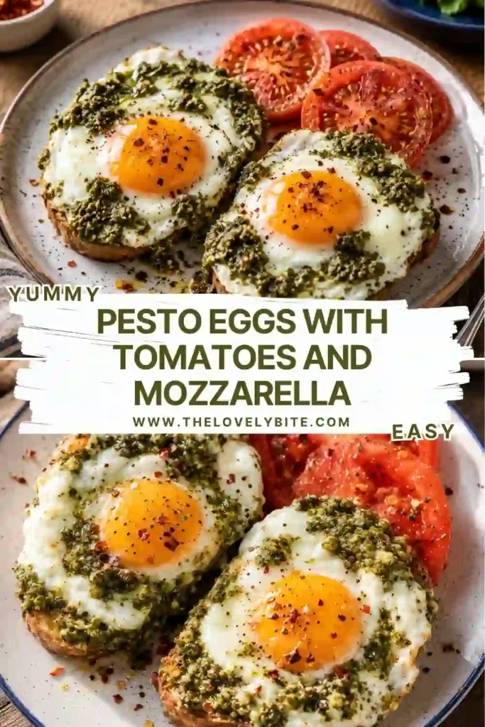 Warm basil pesto eggs are layered over toasted bread with ripe tomatoes and thick slices of fresh mozzarella. Red pepper flakes add a touch of color and gentle heat to the creamy, herbaceous breakfast