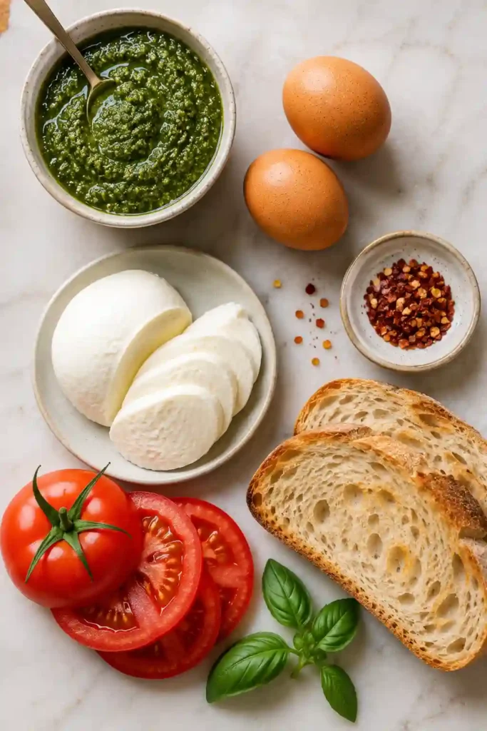 Pesto Eggs on toast layered with juicy vine-ripened tomatoes and fresh mozzarella. The skillet-cooked eggs are topped with basil pesto and a pinch of red pepper flakes