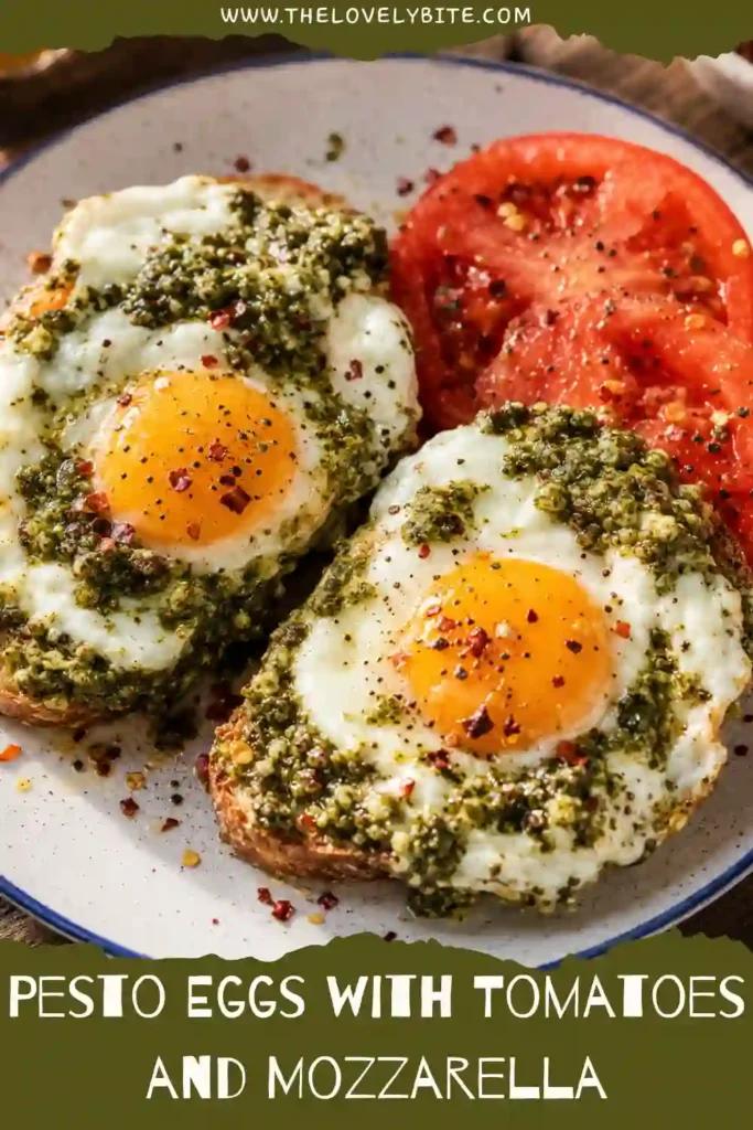 Pesto Eggs feature tender whites and golden yolks surrounded by vibrant green basil pesto. Juicy tomato slices, creamy fresh mozzarella, and crisp golden toast create a colorful Mediterranean-inspired breakfast.