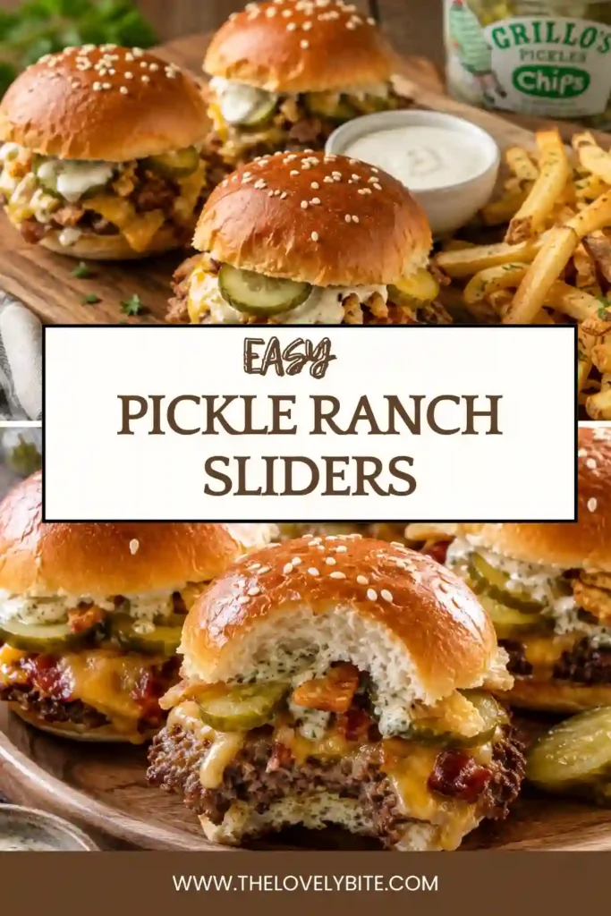 Pickle Ranch Sliders made with seasoned ground beef, melted cheese, dill pickles, and creamy ranch sauce on Hawaiian sweet rolls. The baked cheeseburger sliders have golden buttery tops and a cheesy, flavorful filling.