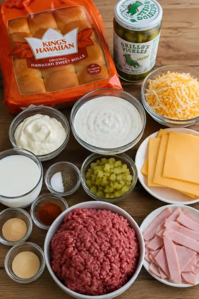 Baked Pickle Ranch Sliders served warm with extra creamy pickle ranch and dill pickles. Each Hawaiian roll slider is packed with cheesy seasoned beef and topped with a buttery sesame crust.