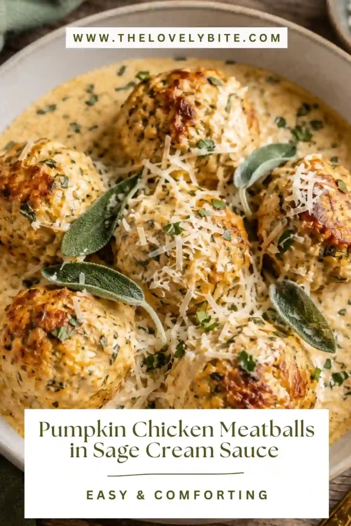 Pumpkin chicken meatballs covered in velvety sage cream sauce with Parmesan and garlic. Golden meatballs and fresh green sage create a cozy autumn dinner presentation.