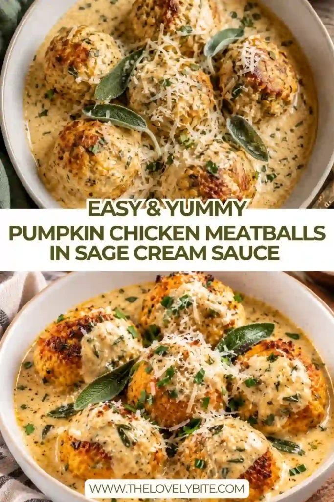 Creamy chicken meatballs made with pumpkin puree, Parmesan and sage in a rich cream sauce. The tender meatballs are served warm with fresh herbs and black pepper.
