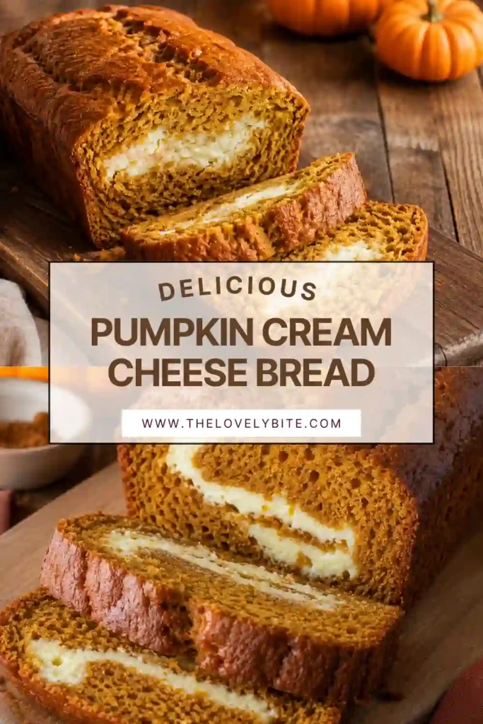 Freshly baked Pumpkin Cream Cheese Bread sliced on a wooden cutting board, revealing a rich cream cheese swirl through the center. This moist pumpkin bread has a golden crust and warm fall spices in every slice.