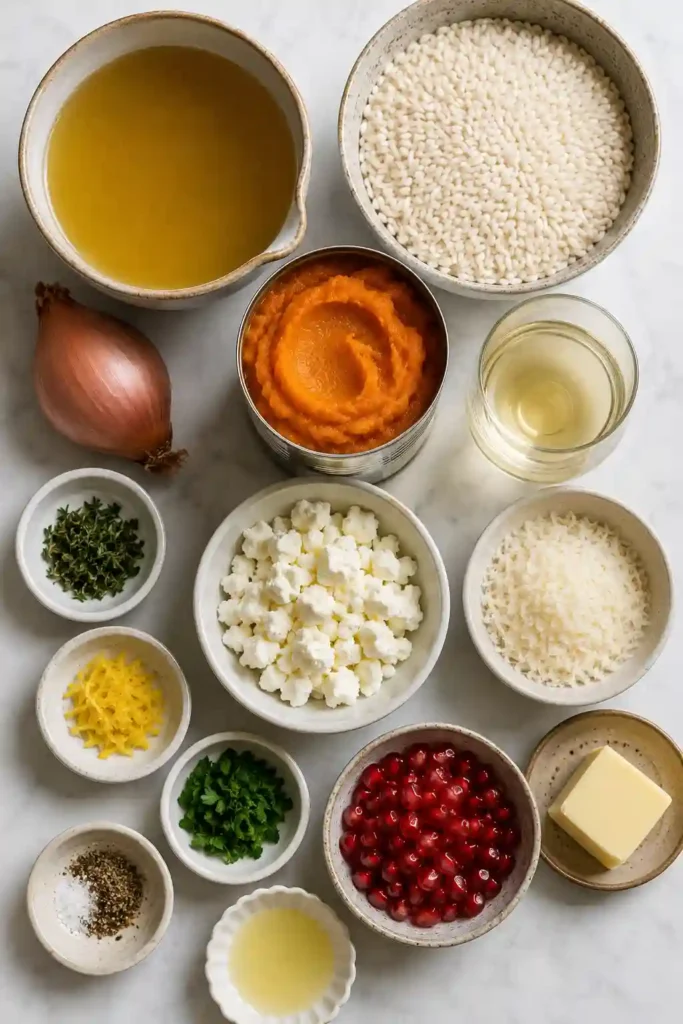 A bowl of Pumpkin Goat Cheese Risotto topped with crumbled goat cheese, fresh pomegranate arils, and parsley. The creamy pumpkin risotto has a rich golden-orange color and a velvety texture.
