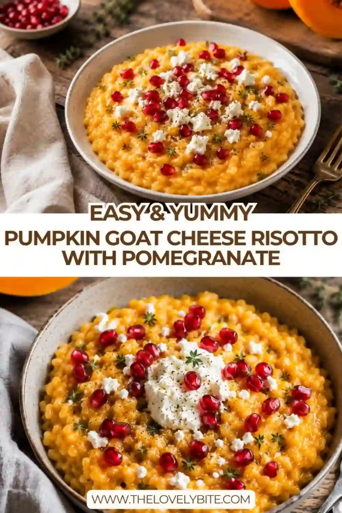 Close-up of creamy goat cheese risotto made with pumpkin puree and Arborio rice. Bright pomegranate arils add a colorful contrast to the creamy golden rice.
