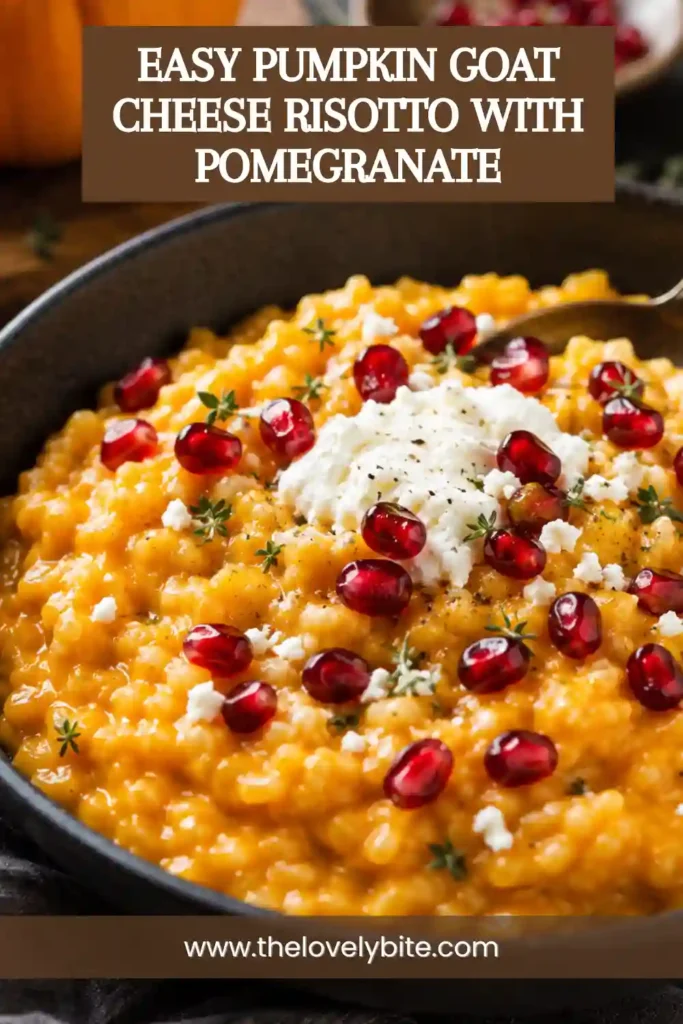Pumpkin Goat Cheese Risotto served in a bowl with pomegranate arils, fresh parsley, and crumbled goat cheese. This vegetarian risotto has a creamy texture and warm fall-inspired colors.