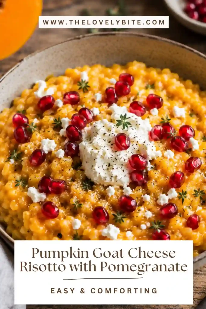A serving of pomegranate risotto made with creamy pumpkin, Arborio rice, goat cheese, and Parmesan. Fresh pomegranate seeds and herbs decorate the top for a colorful seasonal presentation.
