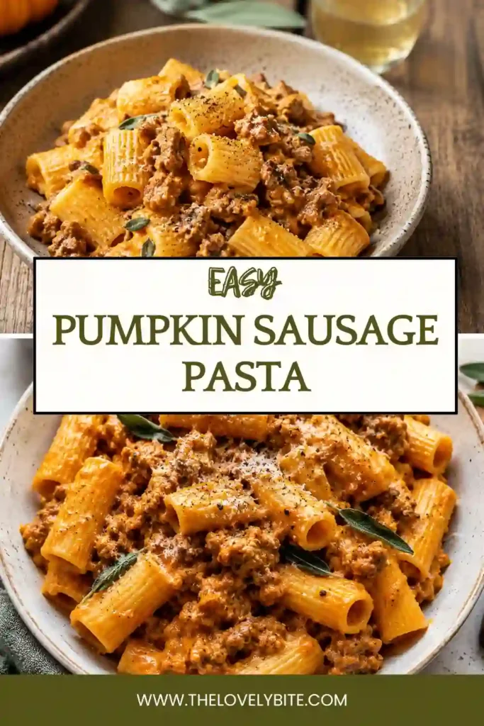 A bowl of Pumpkin Sausage Pasta featuring rigatoni coated in creamy pumpkin sauce with browned beef sausage and fresh sage. Shaved Parmesan adds a savory finishing touch to this cozy pasta dinner.