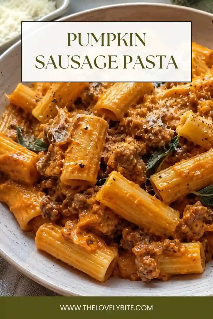 Creamy pumpkin pasta served with rigatoni, savory beef sausage, fresh sage, and Parmesan cheese. The rich orange pumpkin sauce clings to every piece of pasta for a comforting fall-inspired meal.