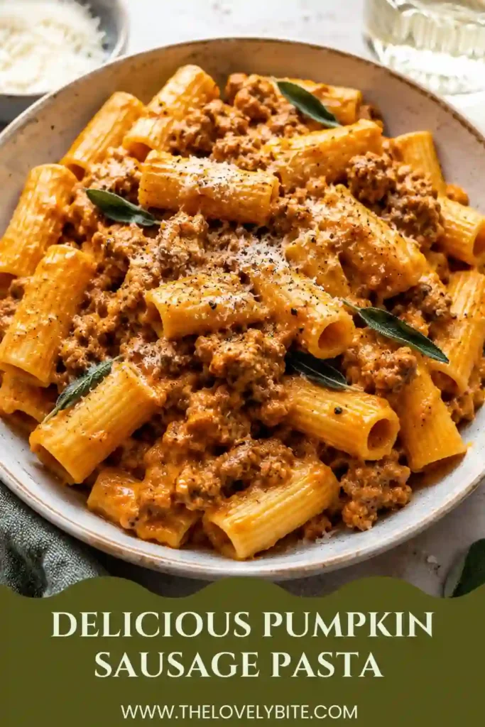 Pumpkin Sausage Pasta in a serving bowl with creamy pumpkin sauce, browned beef sausage, Parmesan, and fresh sage. The hearty rigatoni pasta makes this an inviting and satisfying family dinner.