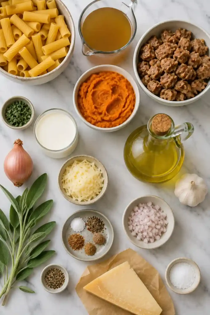 A close-up of creamy Pumpkin Sausage Pasta showing rigatoni coated in pumpkin sauce with browned beef sausage and herbs. Parmesan and sage finish this rich and comforting pasta recipe.