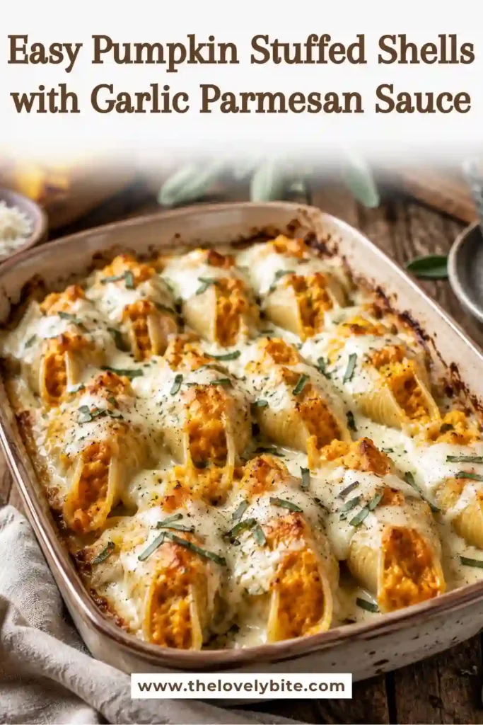 Pumpkin Stuffed Shells filled with creamy pumpkin ricotta and Parmesan are arranged in a baking dish. The shells are covered in garlic Parmesan cream sauce and baked until bubbly and lightly golden.