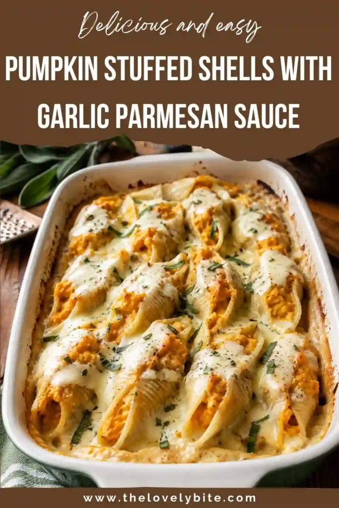 A close-up of pumpkin ricotta stuffed shells topped with creamy garlic Parmesan sauce. The baked pasta has golden bubbling edges and a soft, cheesy filling.