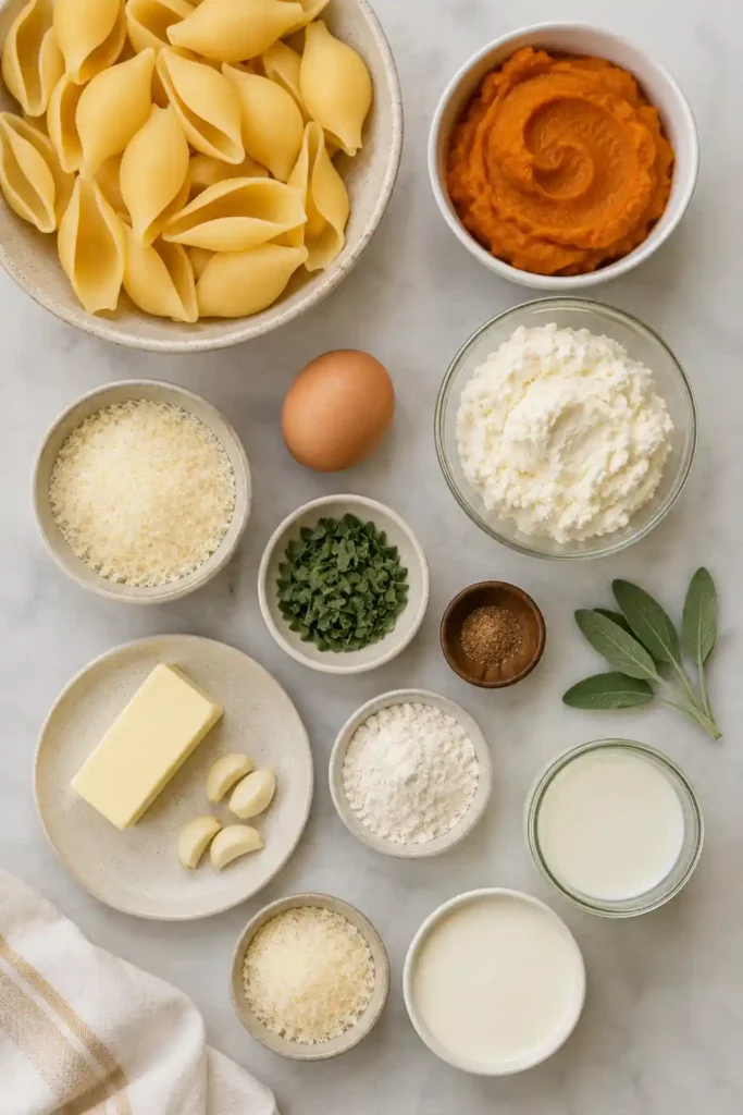 Vegetarian stuffed shells filled with pumpkin ricotta mixture and baked in garlic Parmesan cream sauce. The pasta is creamy, golden, and topped with Parmesan and fresh herbs.