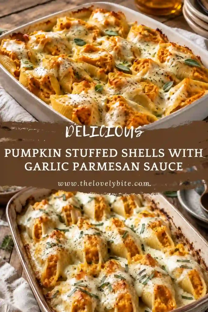 A serving of creamy Pumpkin Stuffed Shells with pumpkin, ricotta, Parmesan, and fresh sage. The baked jumbo shells are coated with a smooth garlic Parmesan cream sauce.