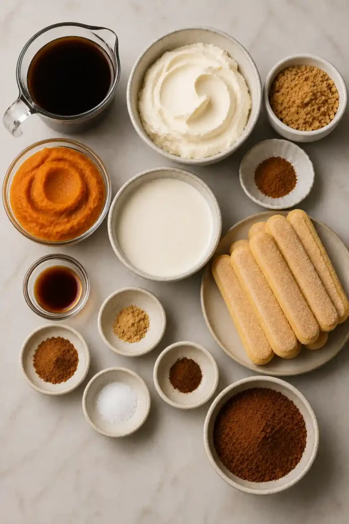 No-bake pumpkin mascarpone dessert with soft coffee-soaked ladyfingers and creamy spiced pumpkin layers. Cocoa powder creates a dark contrast over the smooth orange-tinted filling.