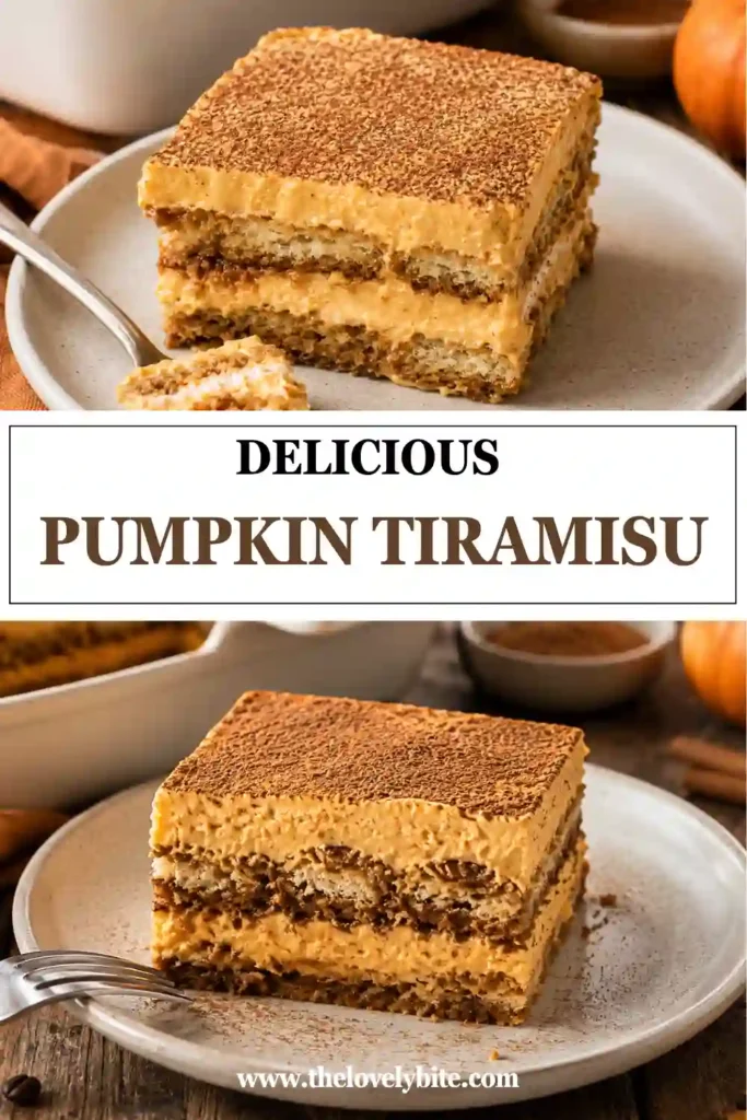 Creamy Pumpkin Tiramisu with layers of espresso-soaked ladyfingers, pumpkin mascarpone cream, and cocoa powder. Warm cinnamon, ginger, nutmeg, and cloves give the dessert cozy fall flavor.