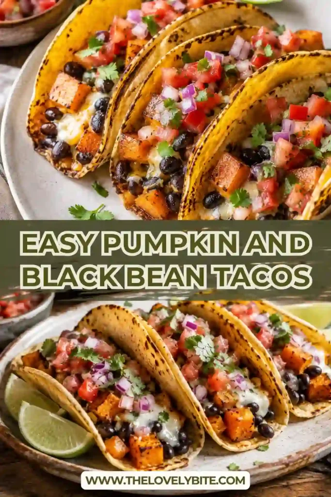 Vegetarian pumpkin tacos made with corn tortillas, seasoned pumpkin, refried black beans and gooey cheese. The tortillas are pan-cooked until crisp and golden.